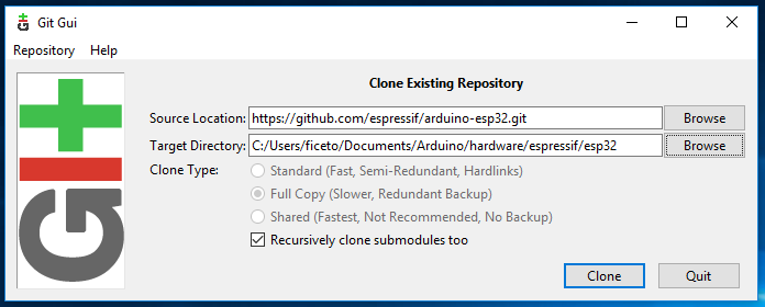 Git GUI clone existing repository